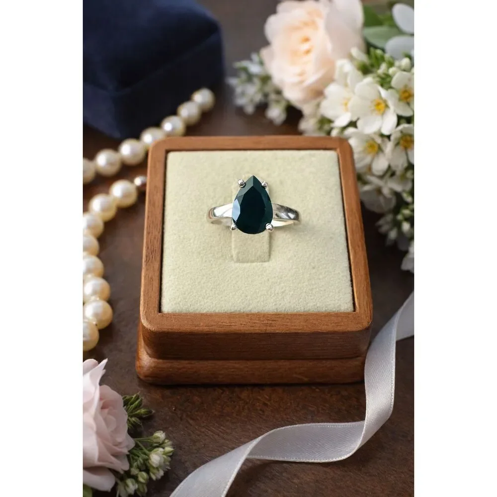 Faceted Pear Shaped Black Onyx Solitaire 925 Sterling Silver Ring Natural Simple